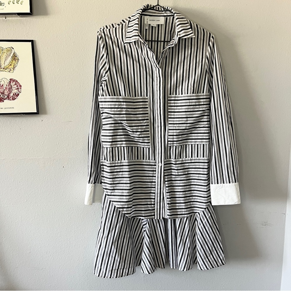 Derek Lam 10 Crosby White Grey Striped Collared Preppy Shirt Dress Office US 6